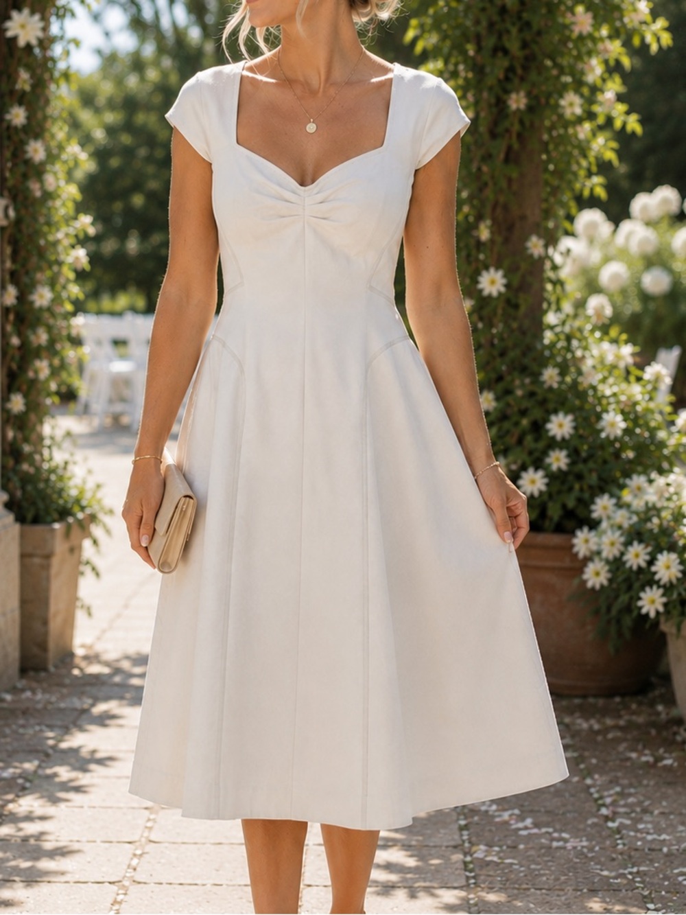 Rebecca Taylor Ivory Silk Lined Fit & Flare Midi Dress Cap Sleeve Size 8